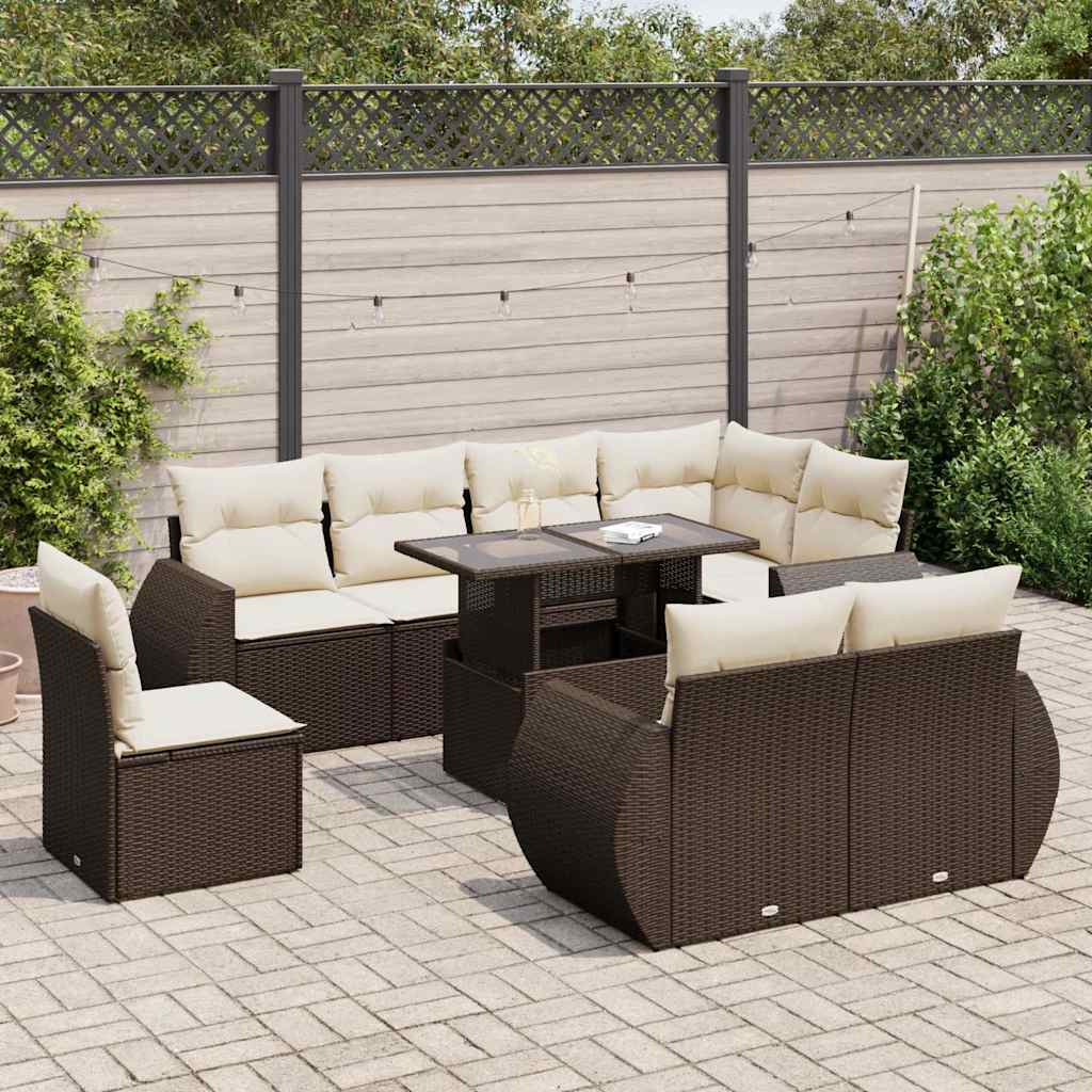 Set Divani da Giardino 9pz con Cuscini Marrone in Polyrattan