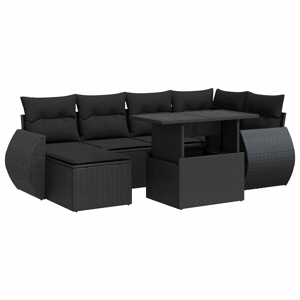 Set Divani da Giardino con Cuscini 7pz Nero Polyrattan