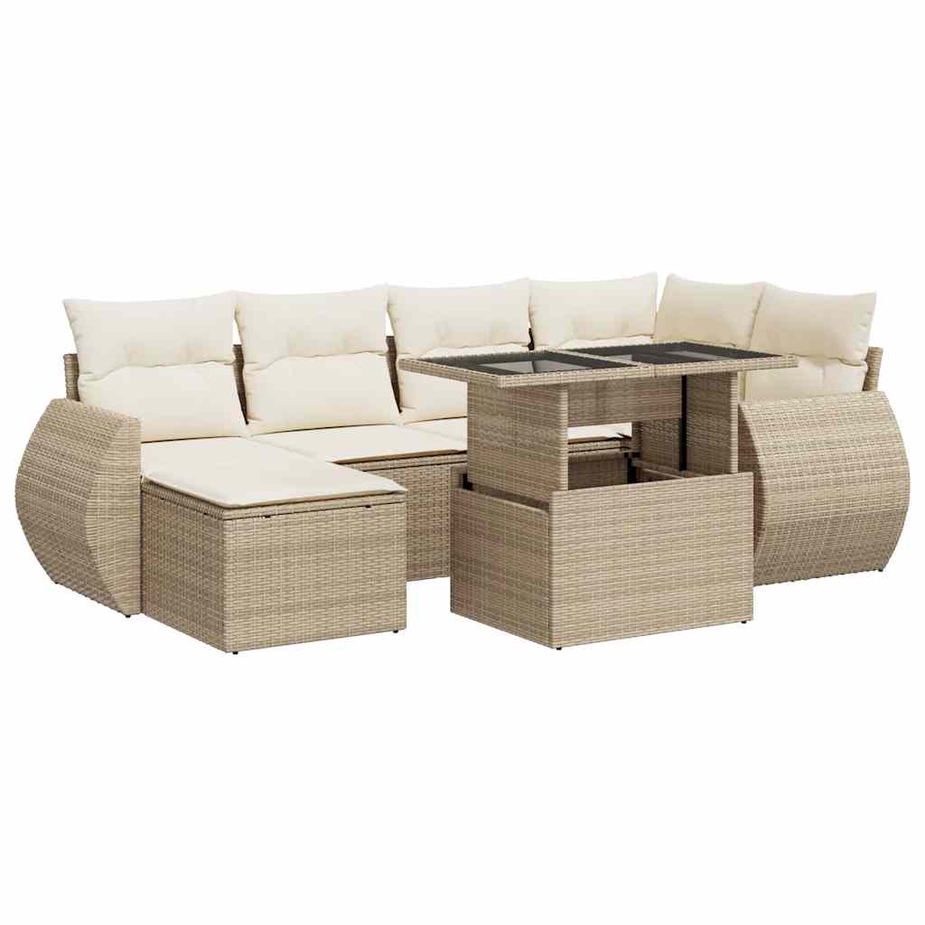 Set Divani da Giardino 7 pz con Cuscini Beige in Polyrattan