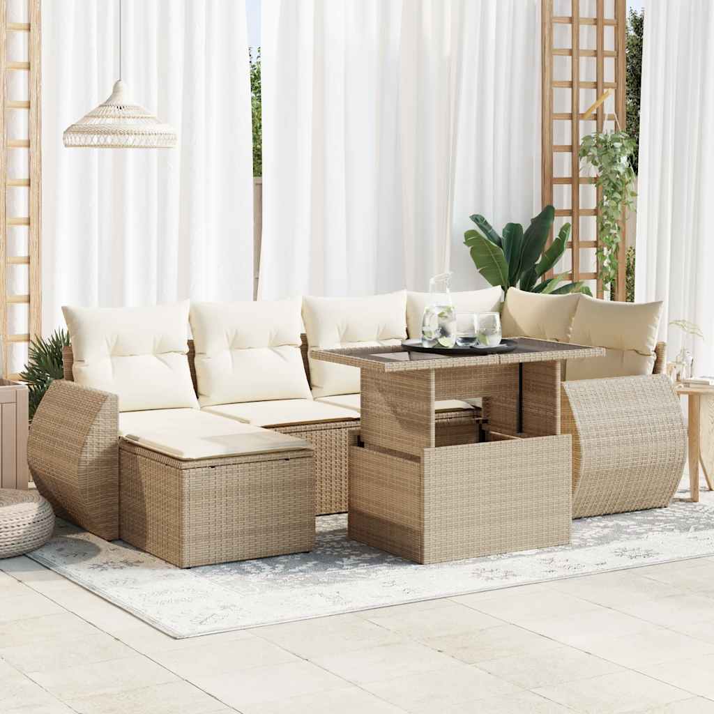 Set Divani da Giardino 7 pz con Cuscini Beige in Polyrattan