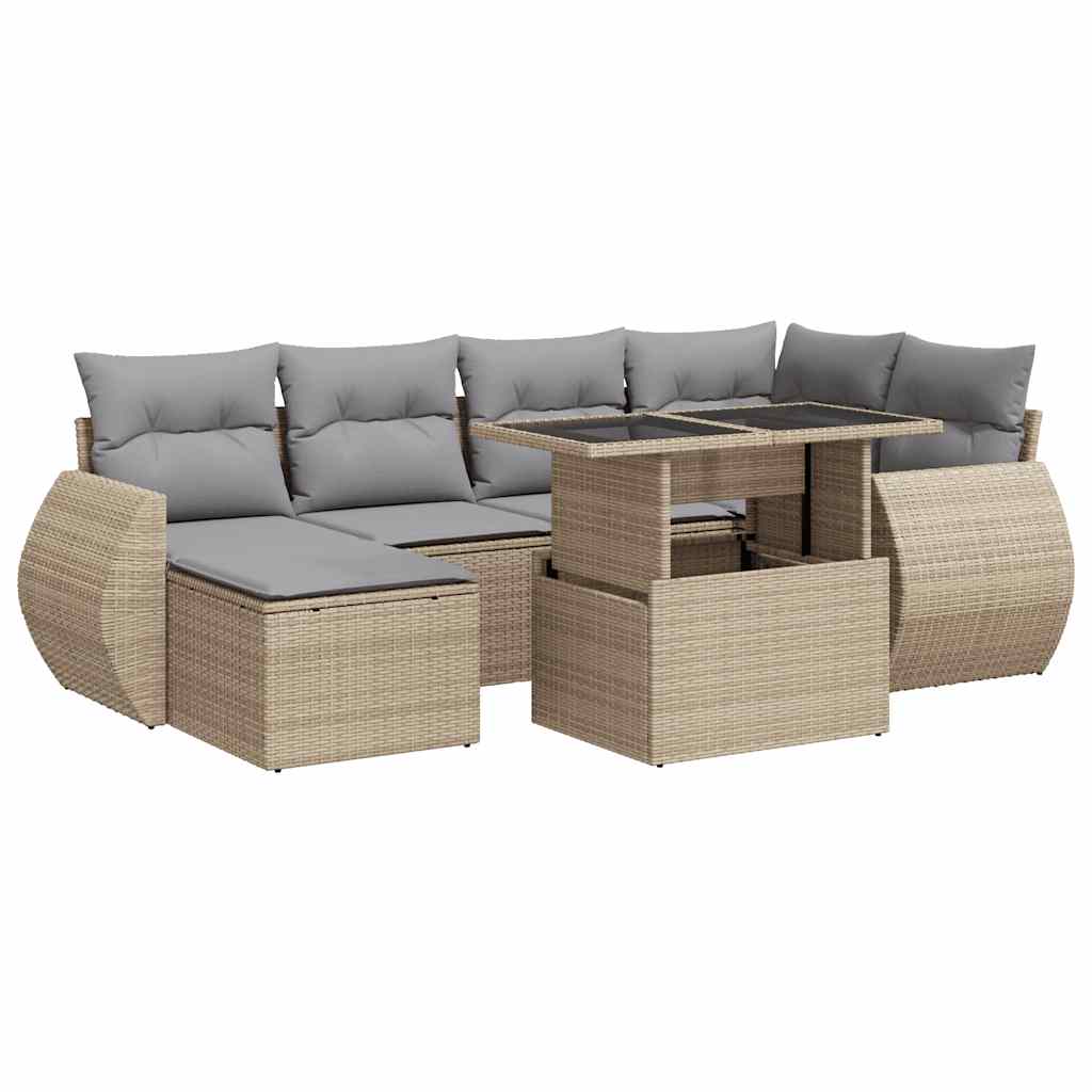 Set Divani da Giardino 7 pz con Cuscini Beige in Polyrattan