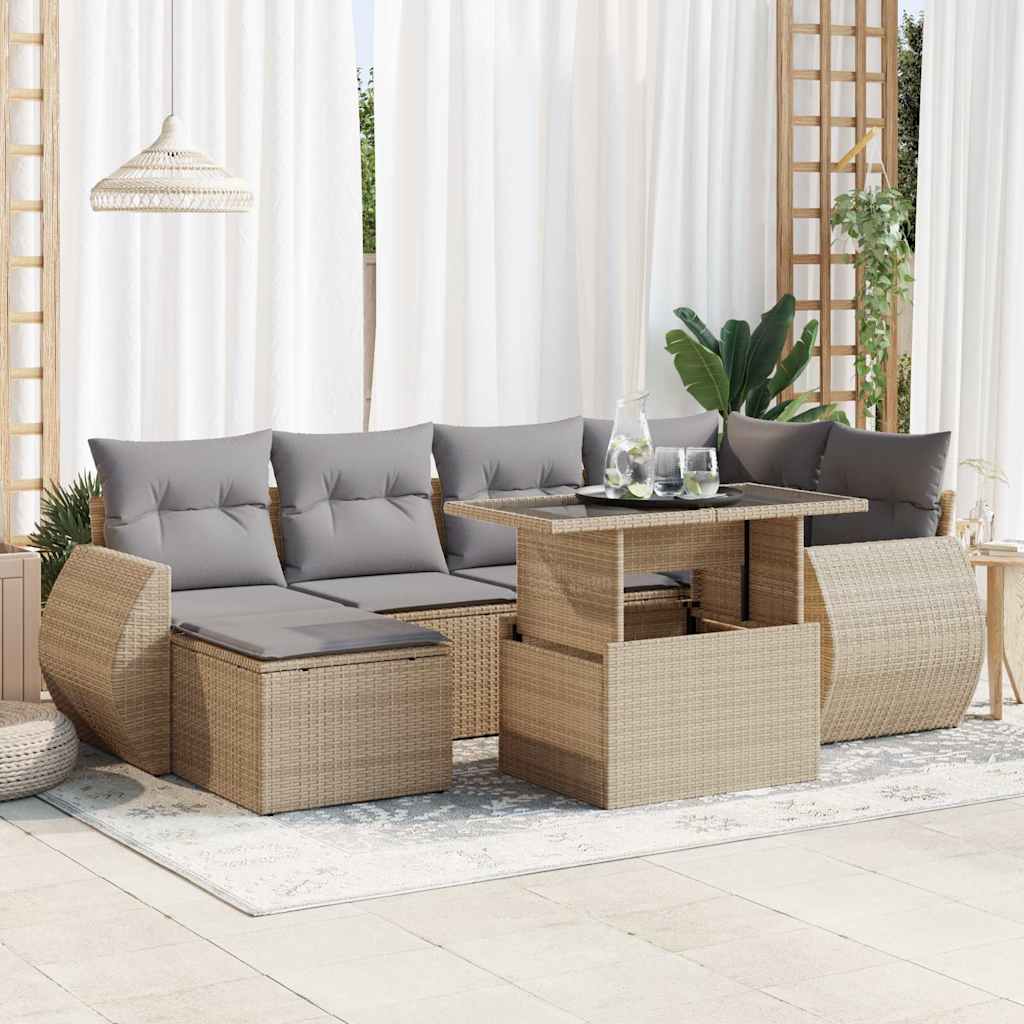 Set Divani da Giardino 7 pz con Cuscini Beige in Polyrattan