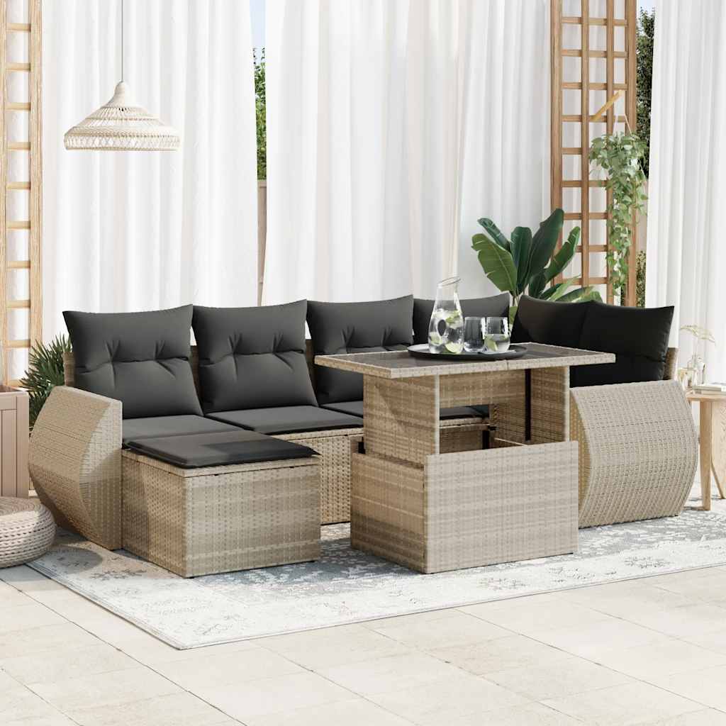 Set Divani da Giardino 7pz con Cuscini Grigio Chiaro Polyrattan