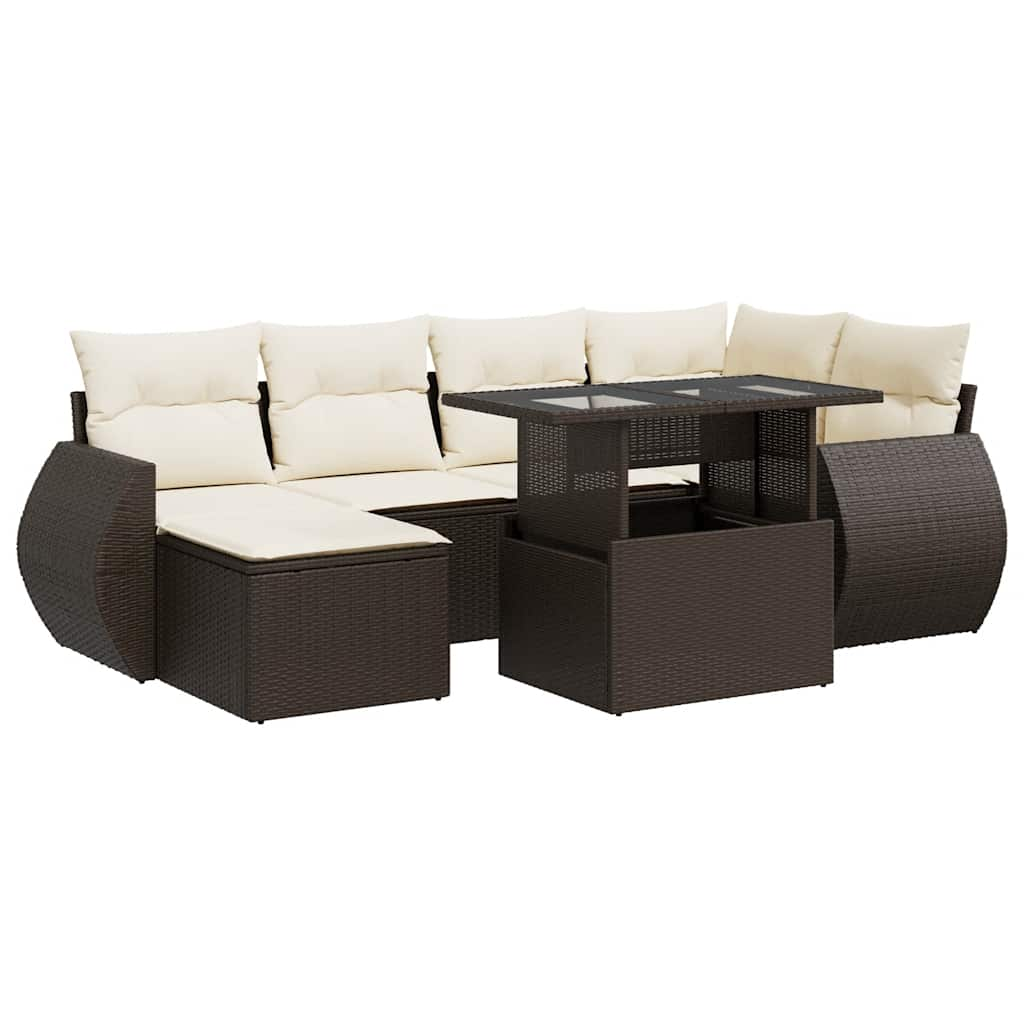 Set Divani da Giardino 7 pz con Cuscini Marrone in Polyrattan