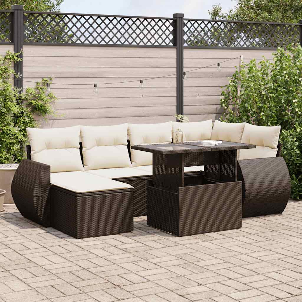 Set Divani da Giardino 7 pz con Cuscini Marrone in Polyrattan