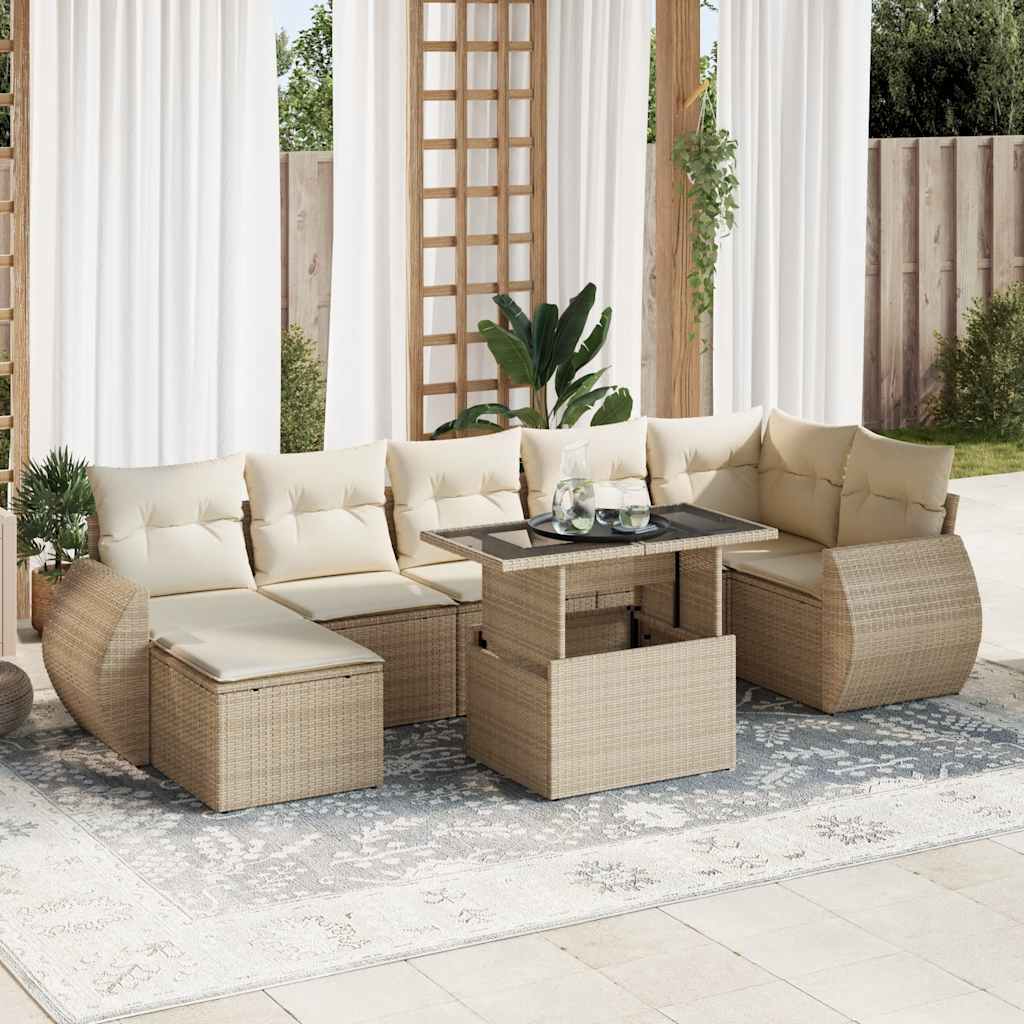 Set Divano da Giardino 8 pz con Cuscini Beige in Polyrattan