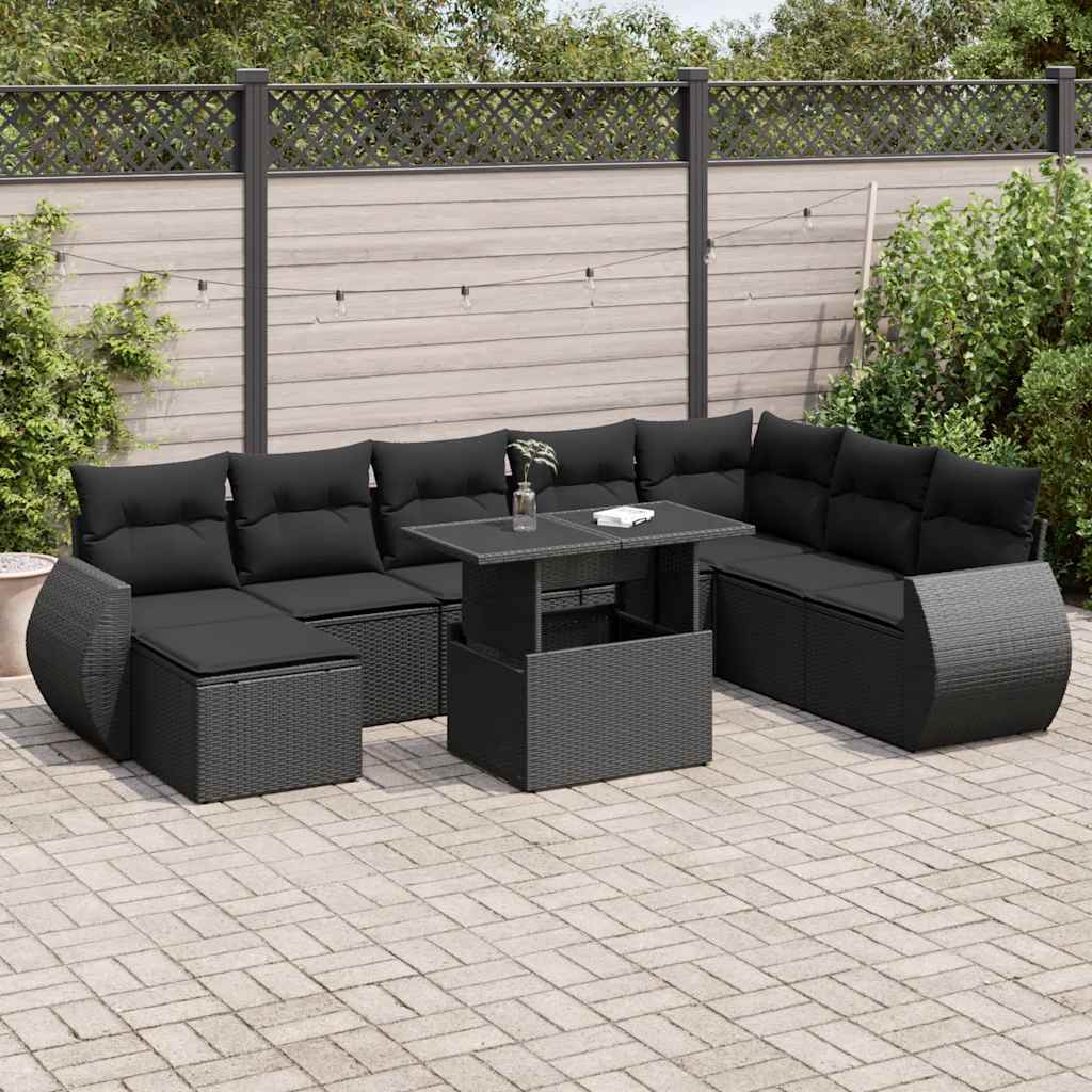 Set Divani da Giardino 9 pz con Cuscini Nero in Polyrattan