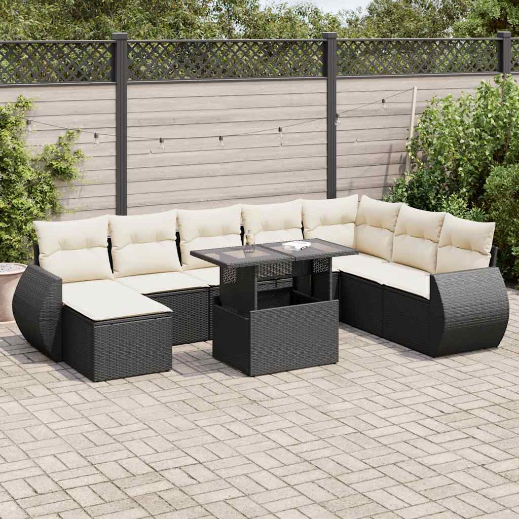 Set Divani da Giardino 9 pz con Cuscini Nero in Polyrattan