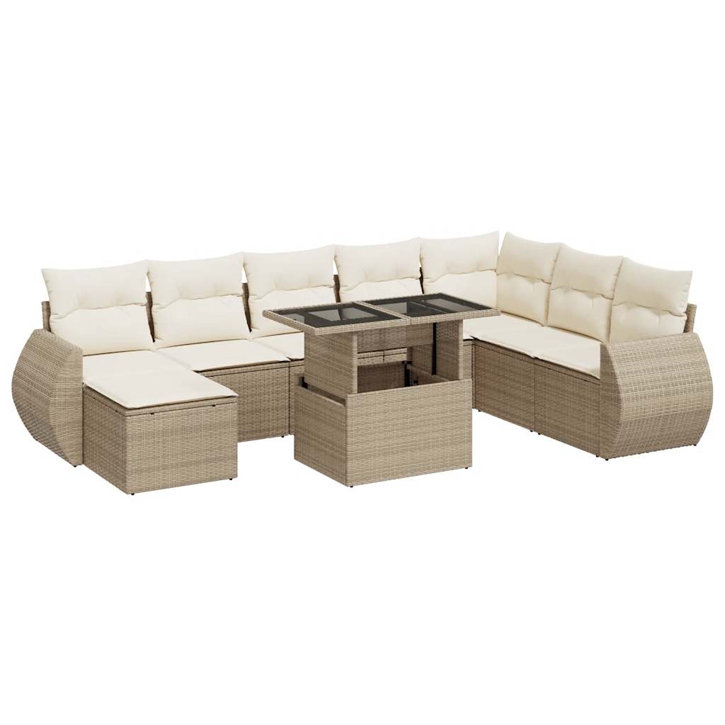 Set Divano da Giardino 9 pz con Cuscini Beige in Polyrattan