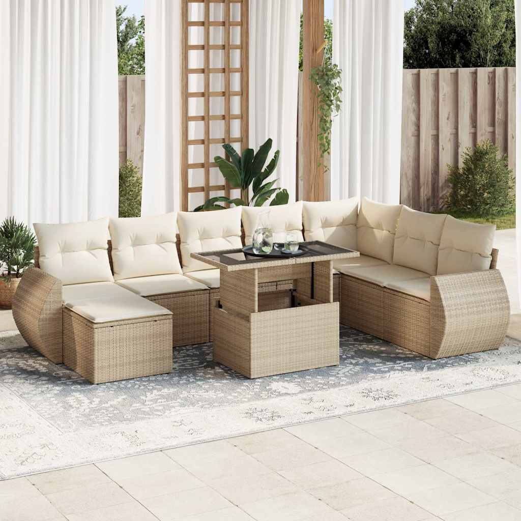 Set Divano da Giardino 9 pz con Cuscini Beige in Polyrattan