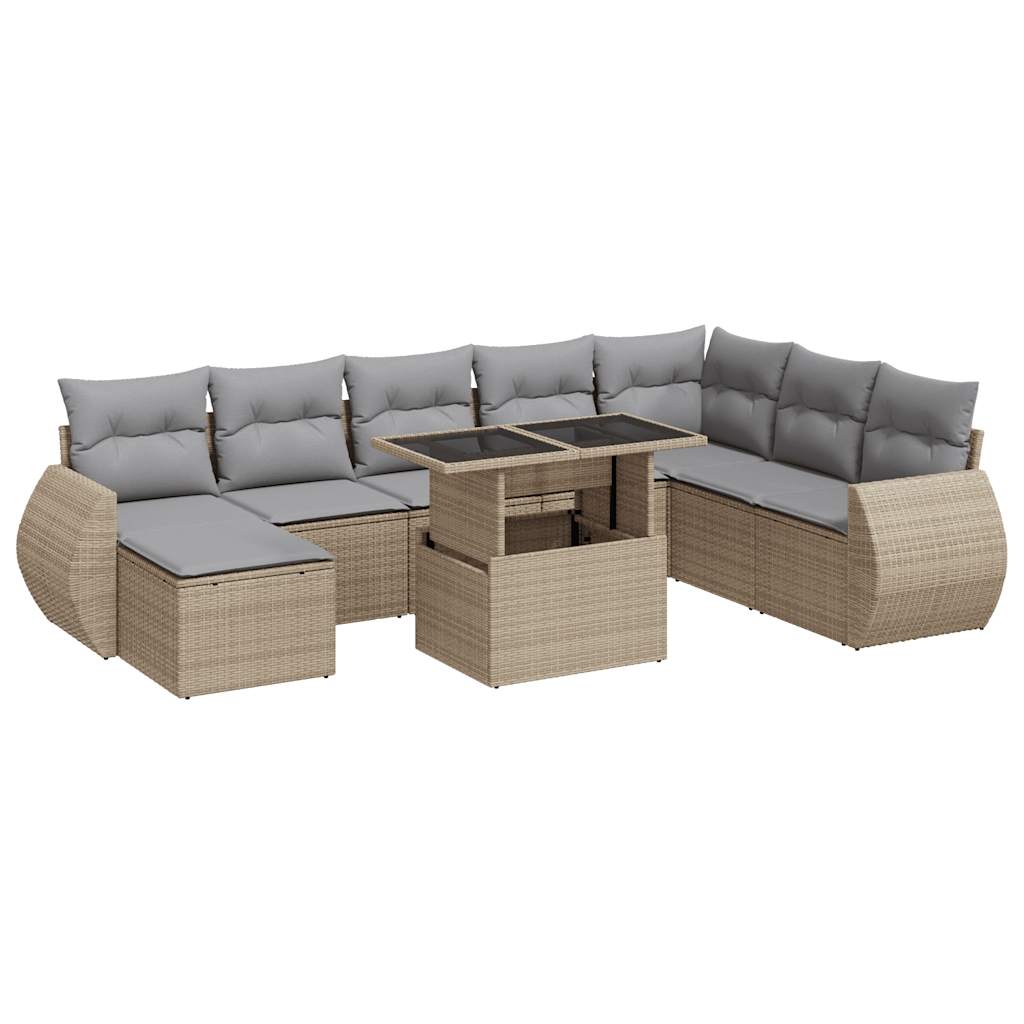 Set Divano da Giardino 9 pz con Cuscini Beige in Polyrattan