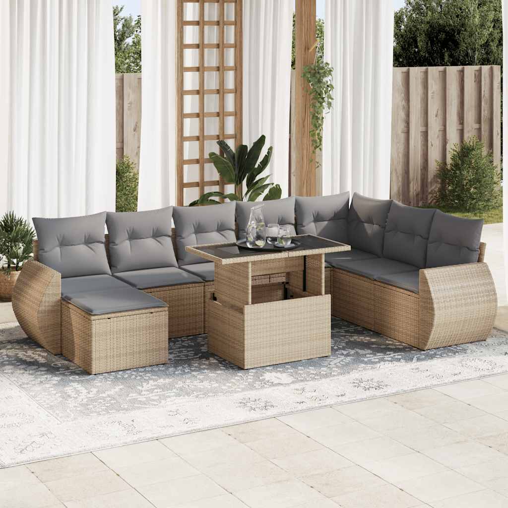 Set Divano da Giardino 9 pz con Cuscini Beige in Polyrattan