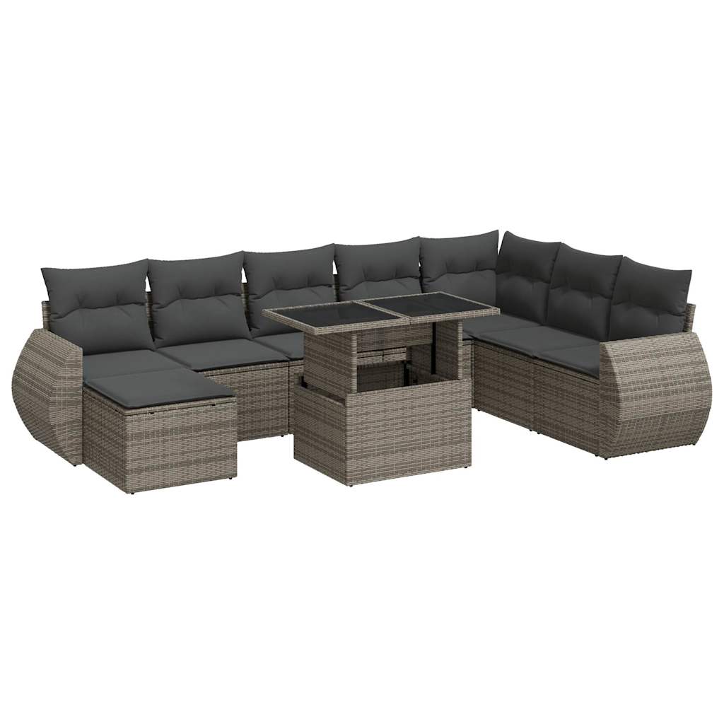 Set Divano da Giardino 9 pz con Cuscini Grigio in Polyrattan