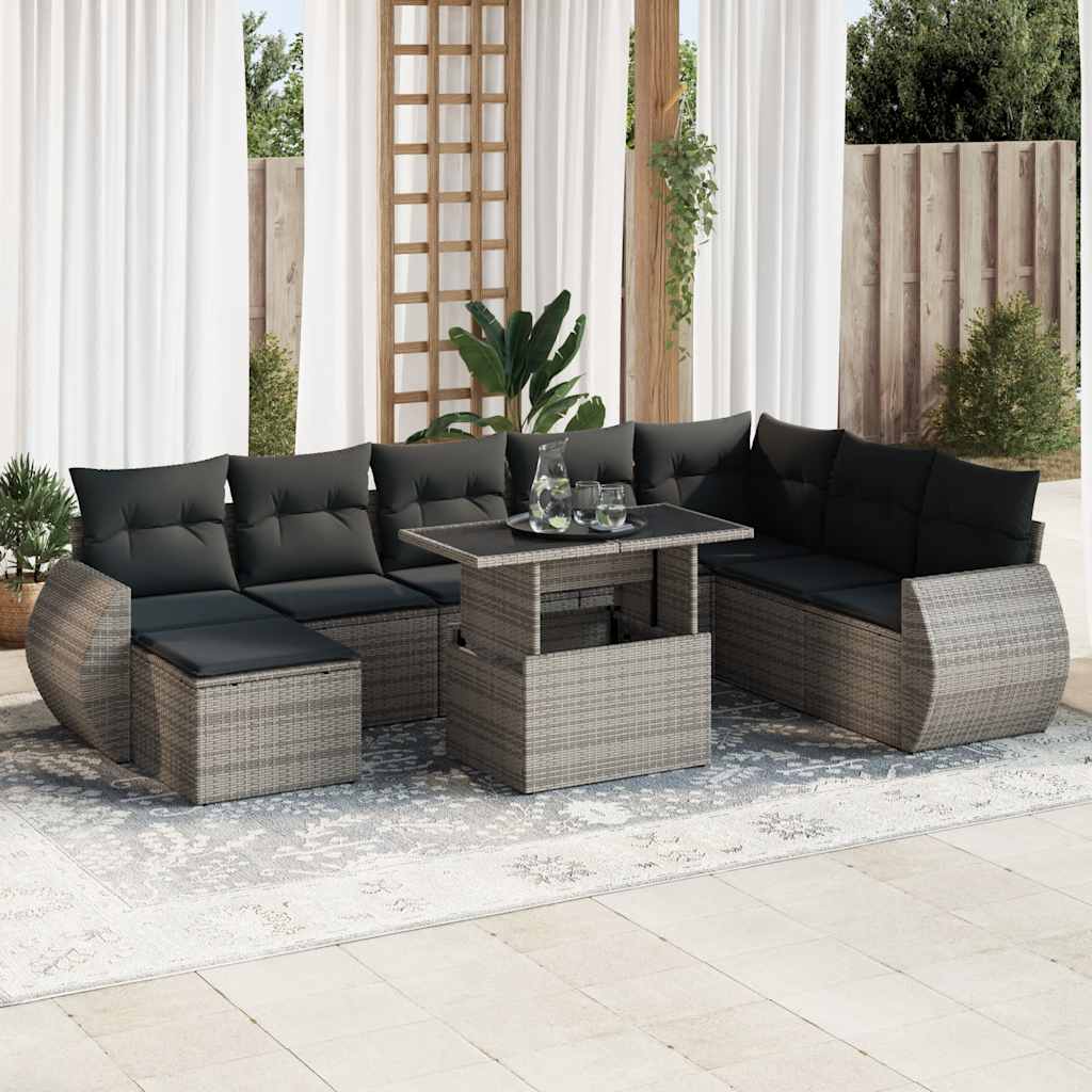 Set Divano da Giardino 9 pz con Cuscini Grigio in Polyrattan