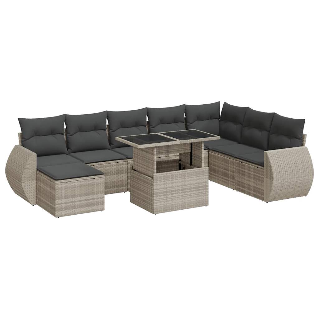 Set Divano da Giardino 9pz con Cuscini Grigio Chiaro Polyrattan