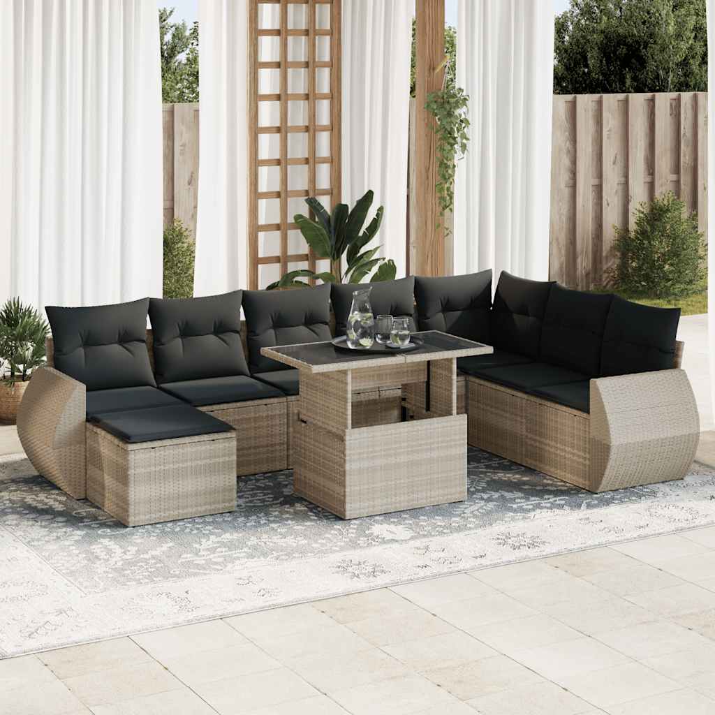 Set Divano da Giardino 9pz con Cuscini Grigio Chiaro Polyrattan