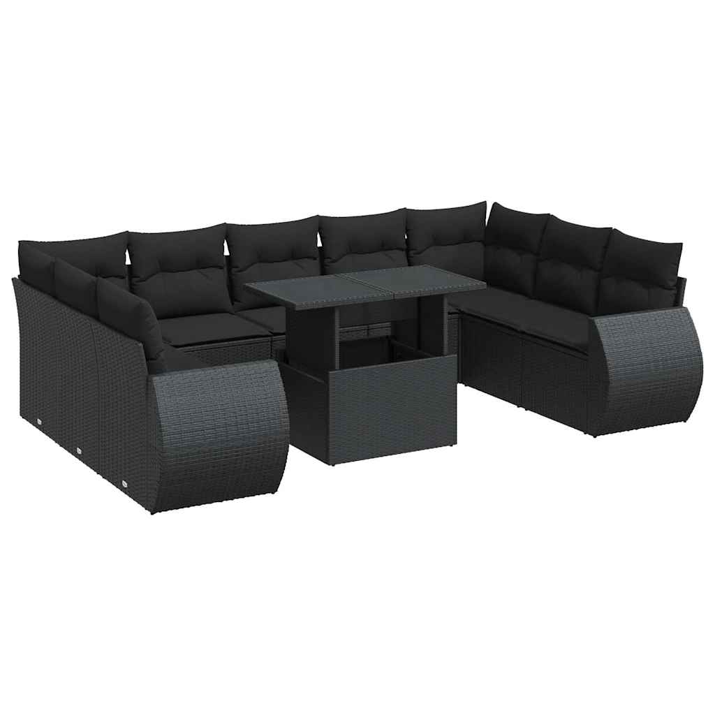 Set Divani da Giardino 10pz con Cuscini in Polyrattan Nero