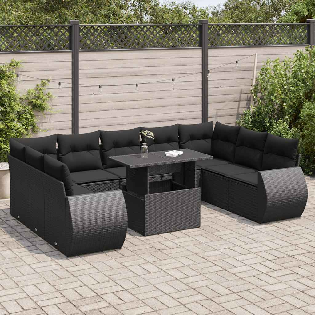 Set Divani da Giardino 10pz con Cuscini in Polyrattan Nero