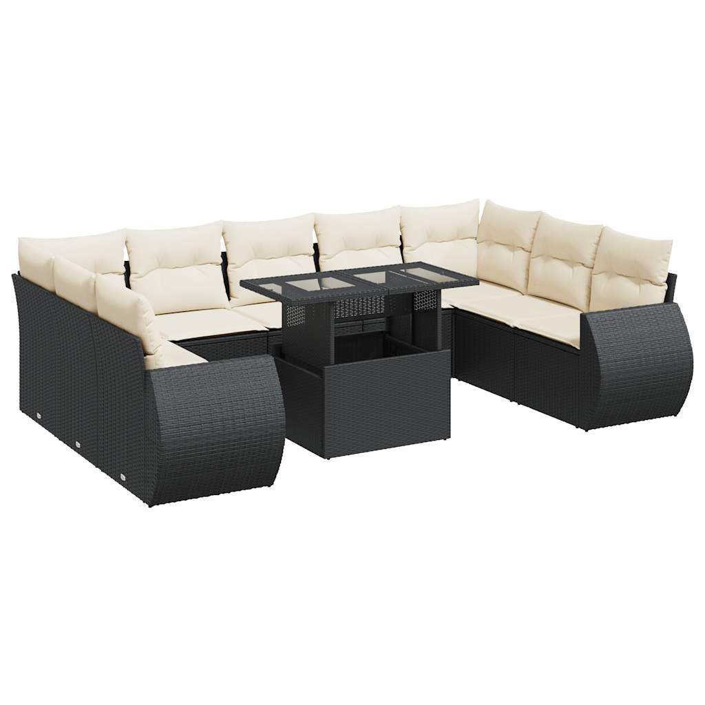 Set Divani da Giardino 10pz con Cuscini in Polyrattan Nero