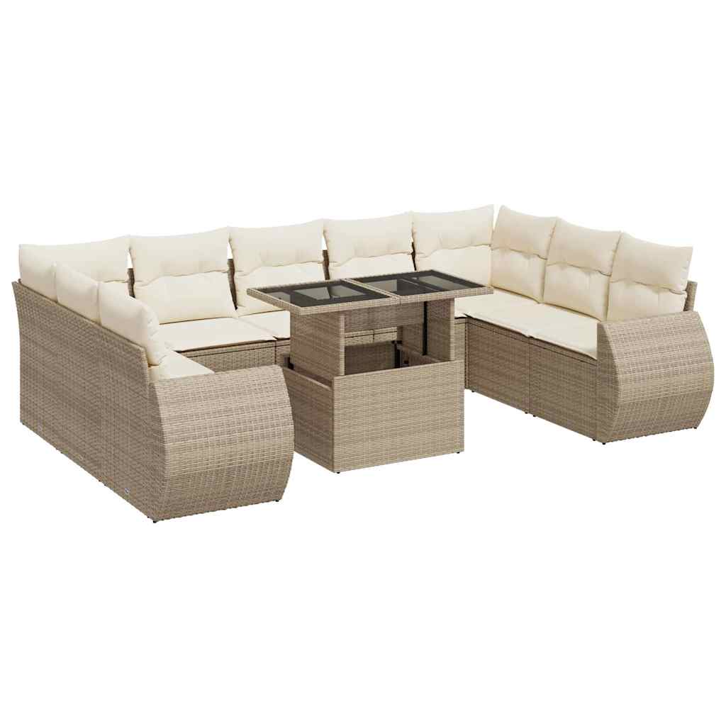 Set Divano da Giardino 10 pz con Cuscini Beige in Polyrattan