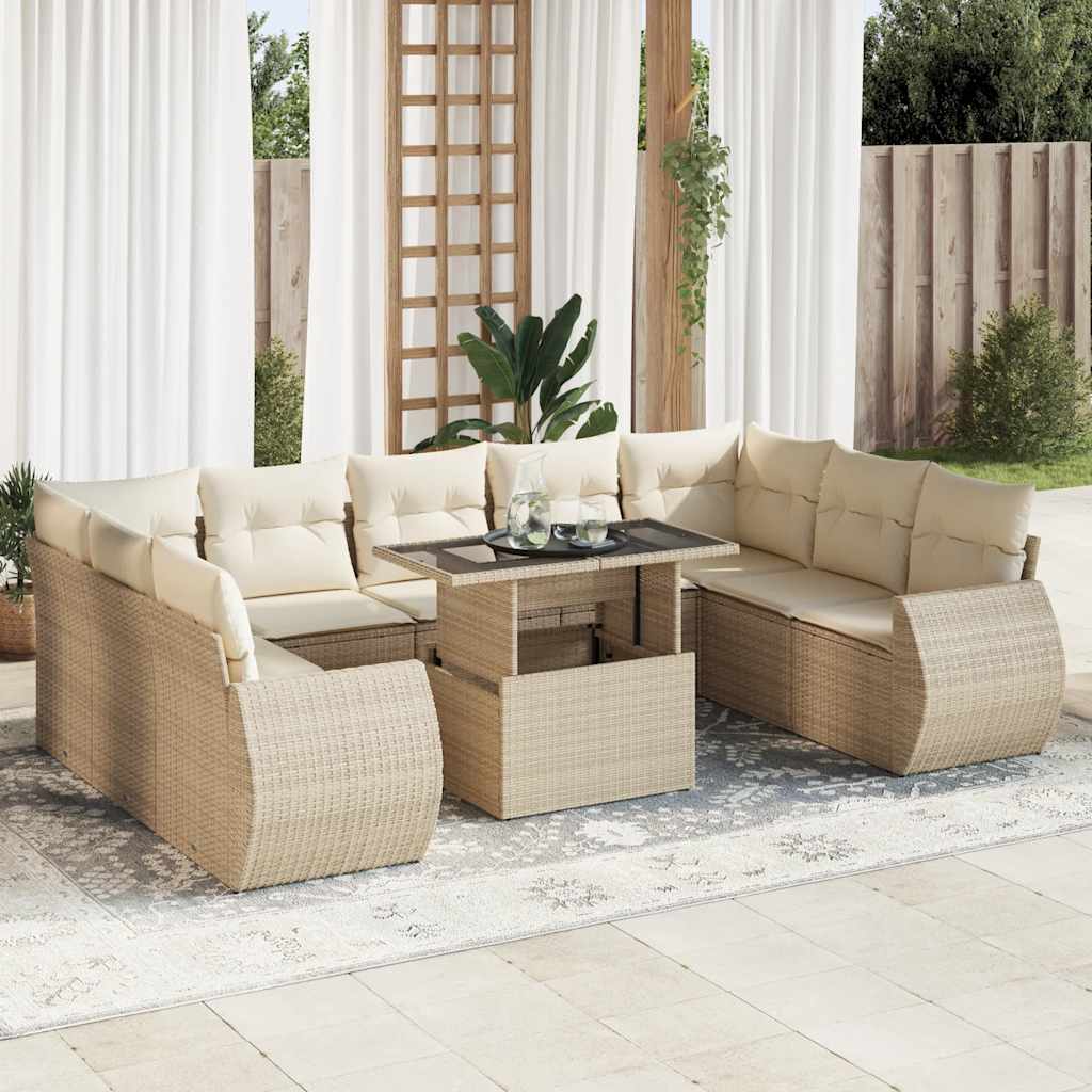 Set Divano da Giardino 10 pz con Cuscini Beige in Polyrattan