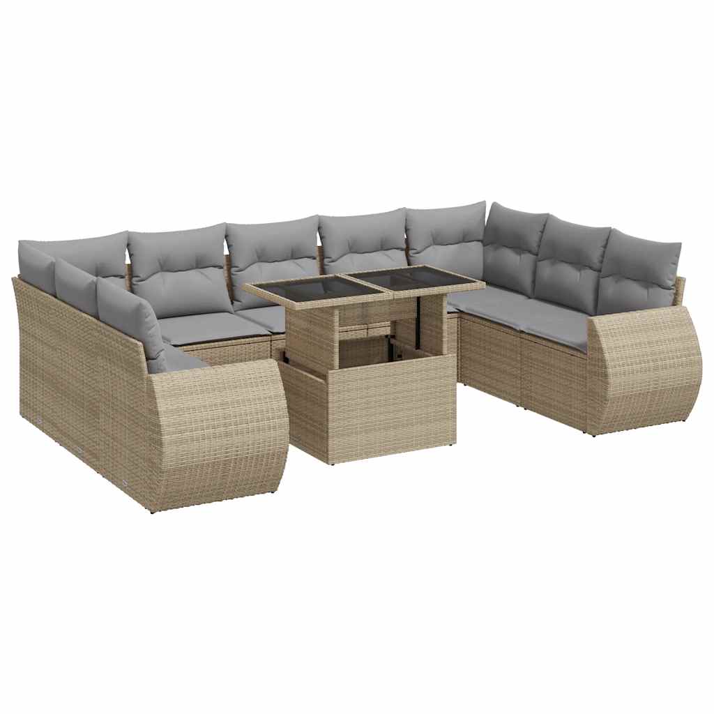 Set Divano da Giardino 10 pz con Cuscini Beige in Polyrattan