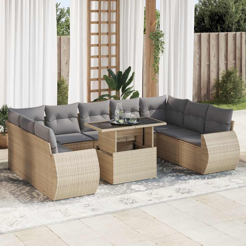 Set Divano da Giardino 10 pz con Cuscini Beige in Polyrattan