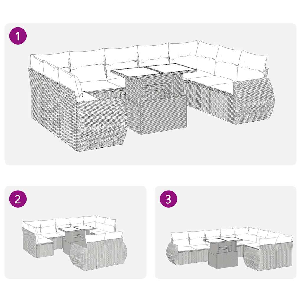 Set Divano da Giardino 10 pz con Cuscini Grigio in Polyrattan