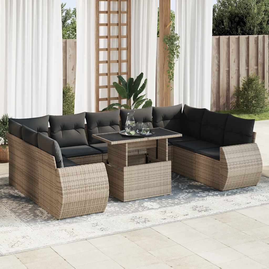 Set Divano da Giardino 10 pz con Cuscini Grigio in Polyrattan