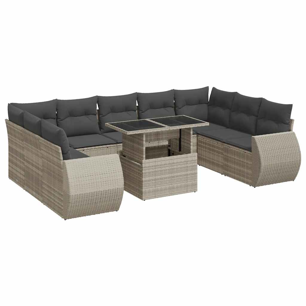 Set Divano Giardino 10 pz con Cuscini Grigio Chiaro Polyrattan