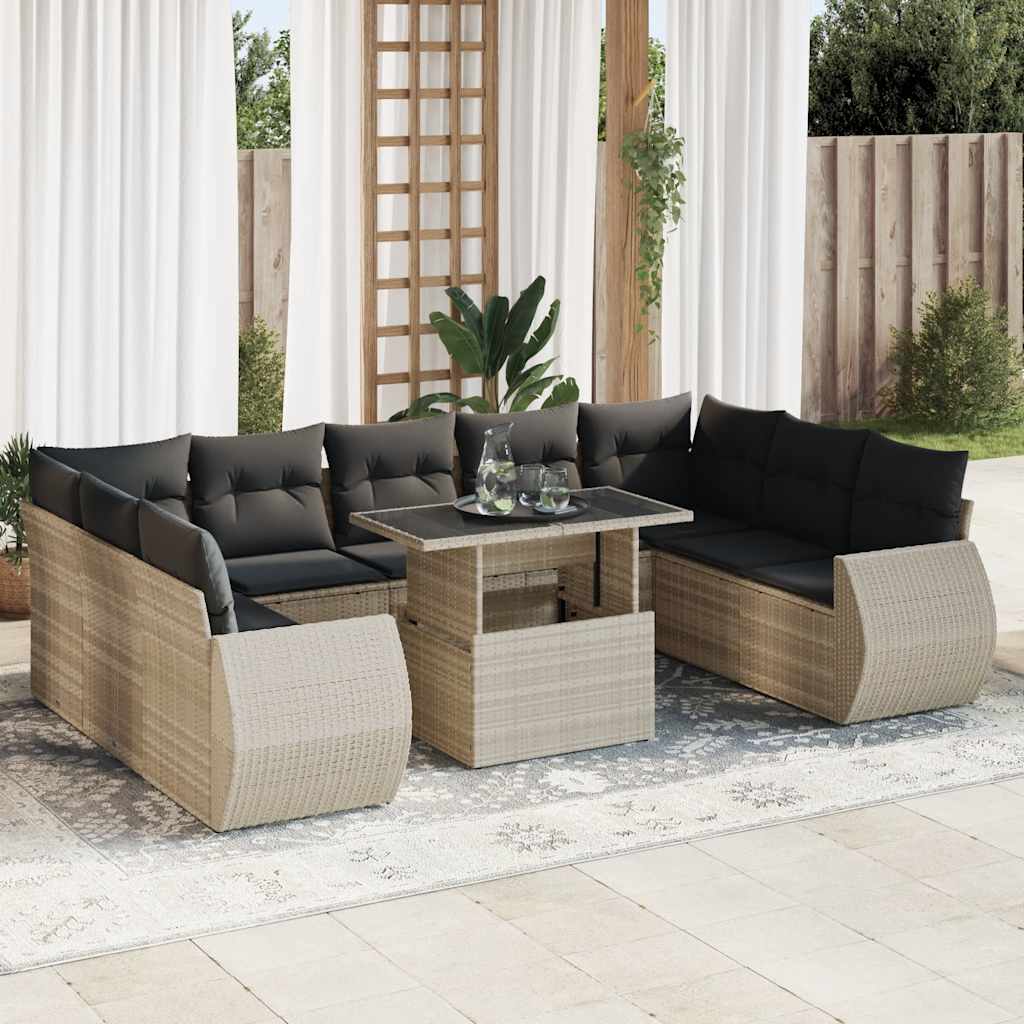 Set Divano Giardino 10 pz con Cuscini Grigio Chiaro Polyrattan