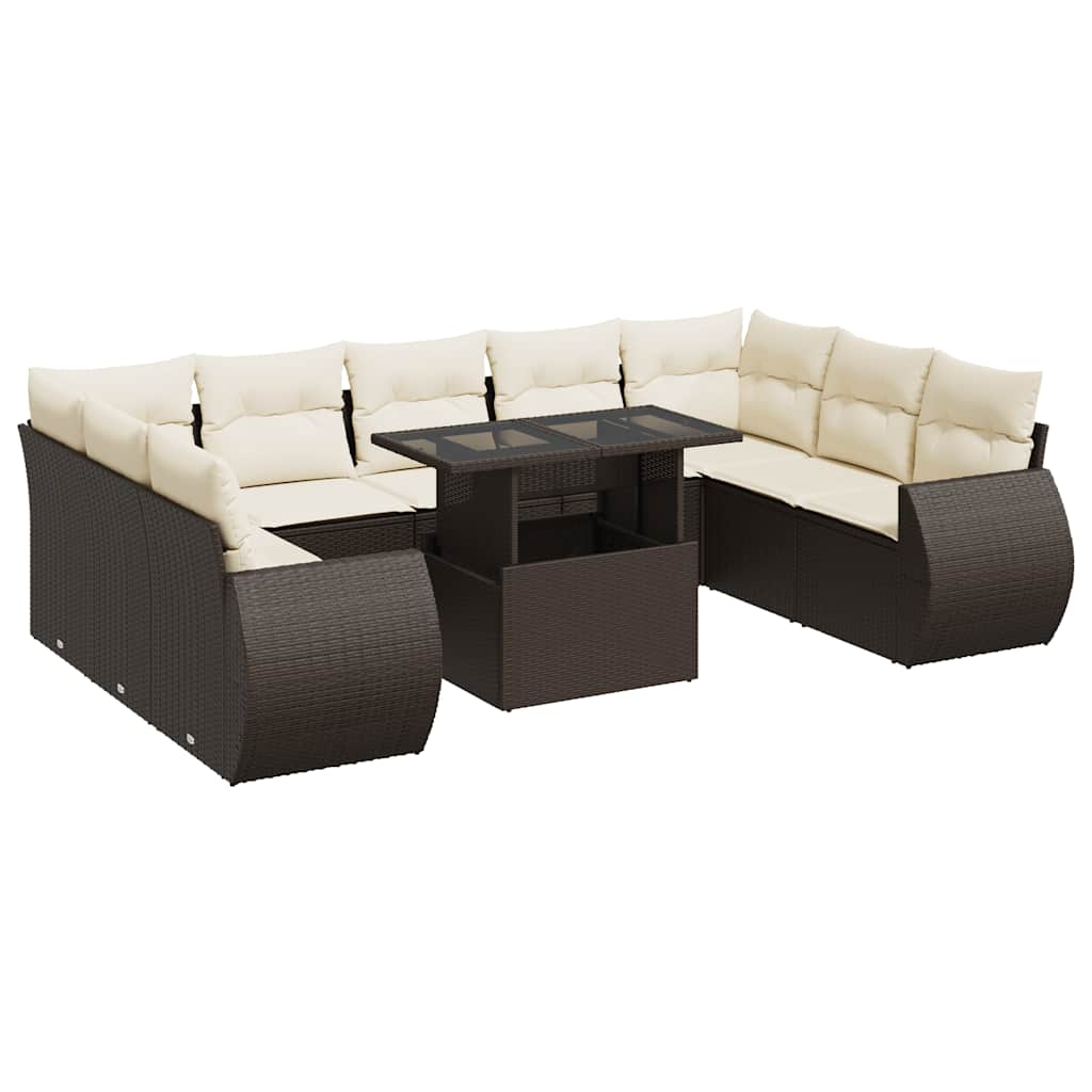 Set Divani da Giardino 10pz con Cuscini in Polyrattan Marrone