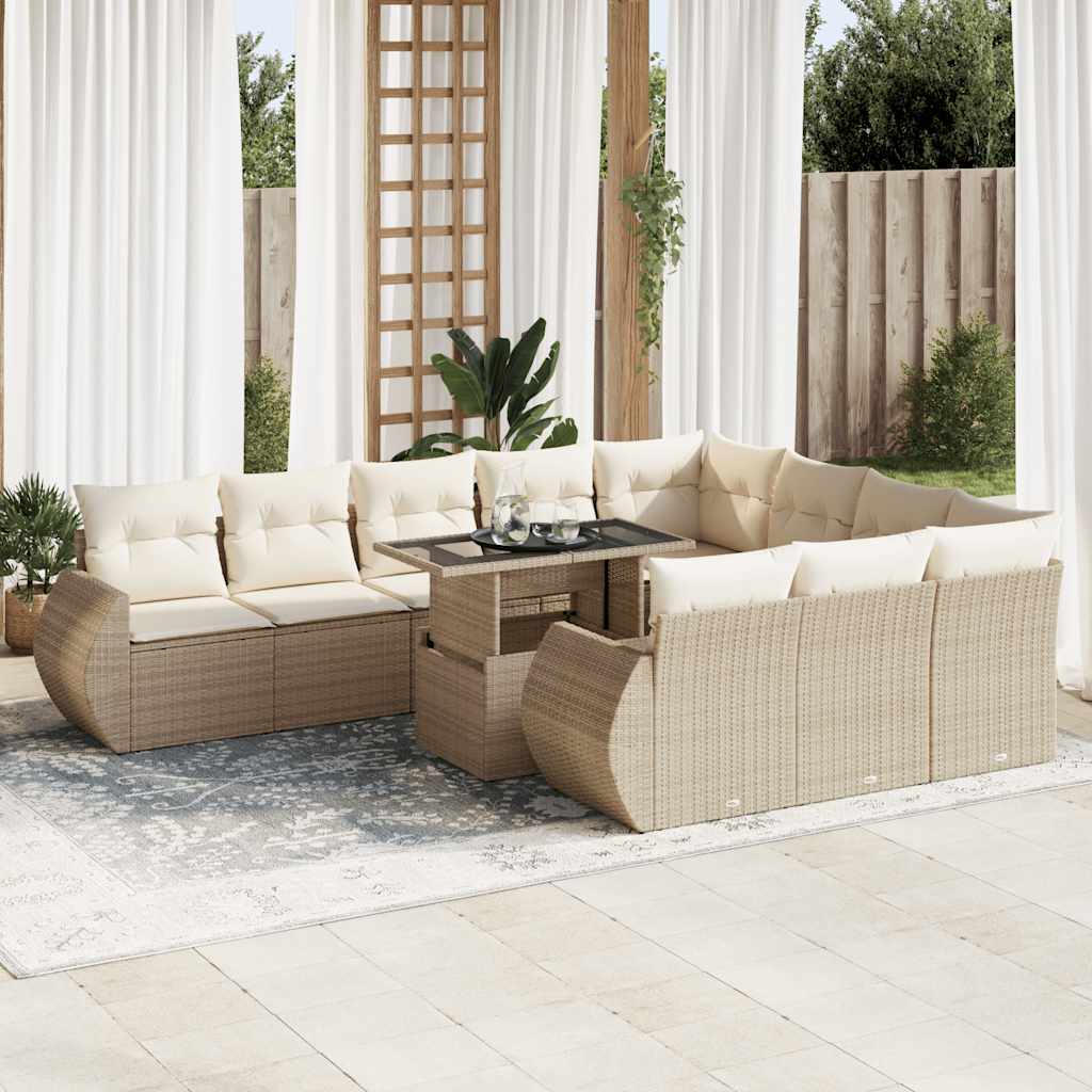 Set Divani da Giardino 11 pz con Cuscini Beige in Polyrattan