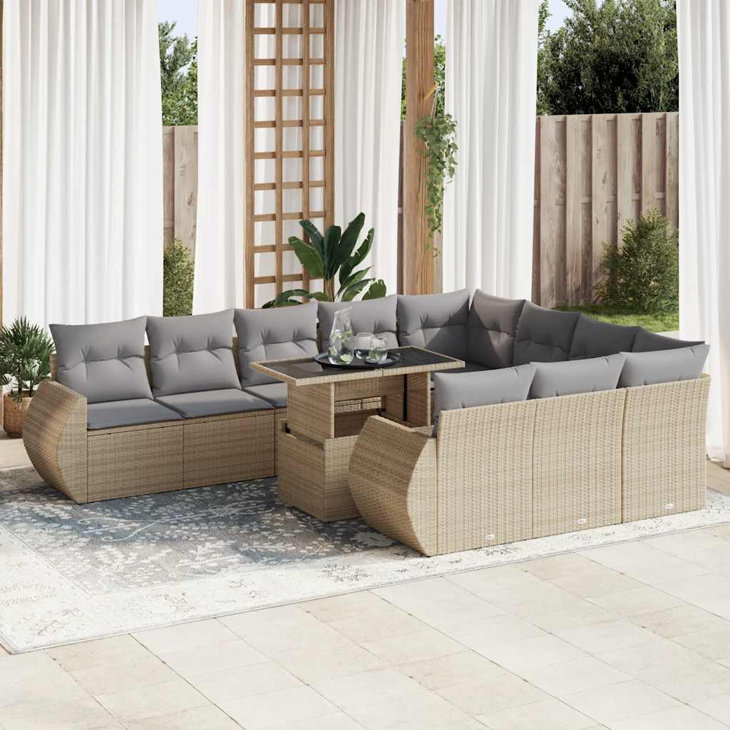 Set Divani da Giardino 11 pz con Cuscini Beige in Polyrattan