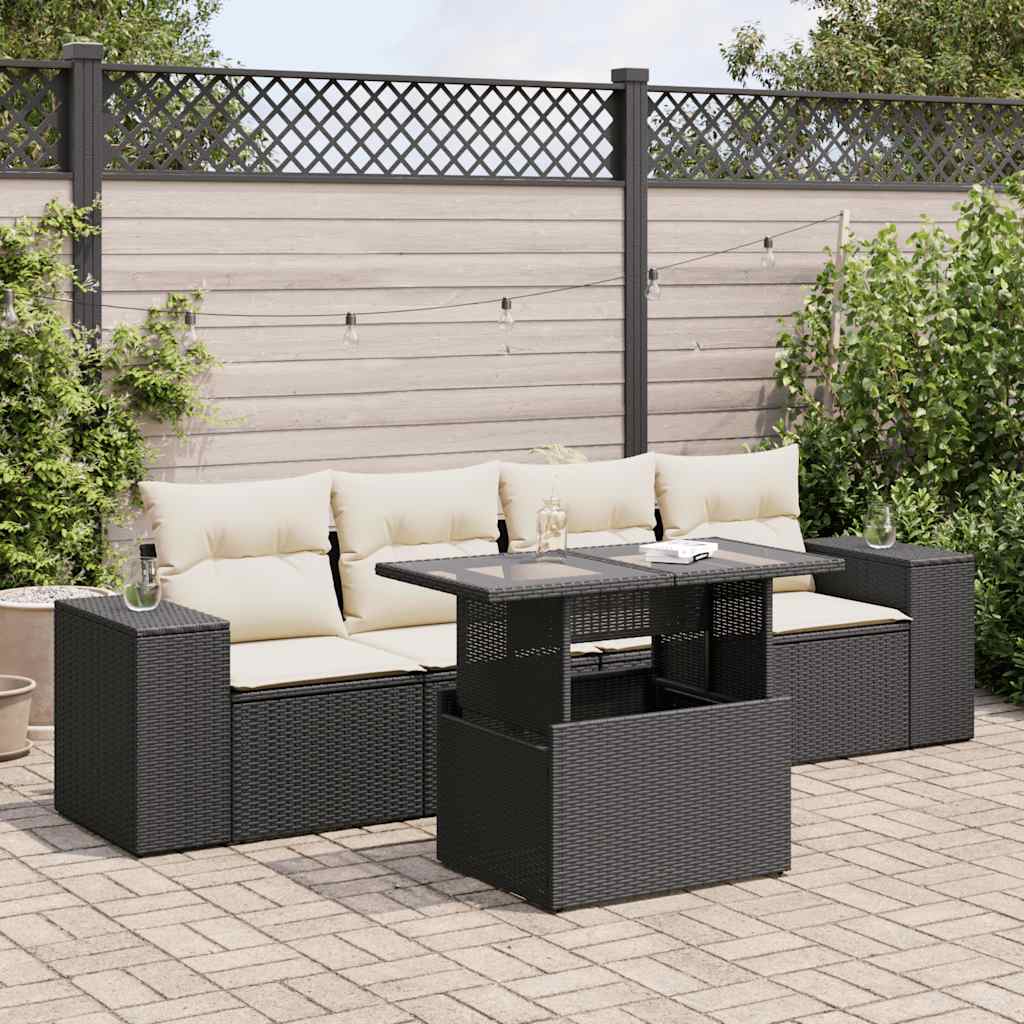 Set Divani da Giardino 5 pz con Cuscini in Polyrattan Nero