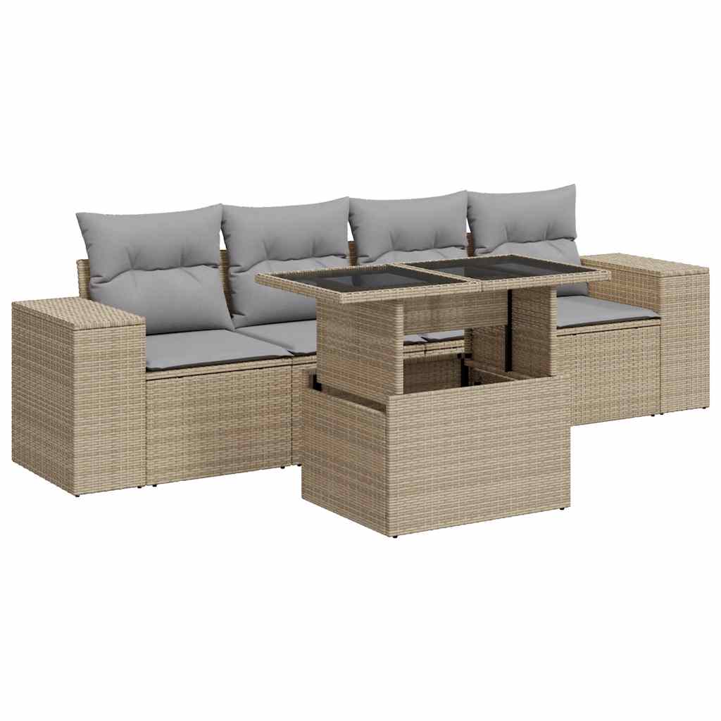 Set Divano da Giardino 5 pz con Cuscini Beige in Polyrattan