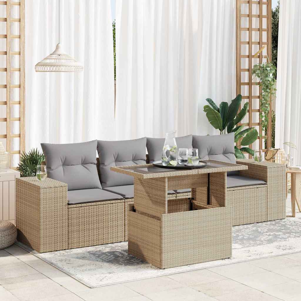 Set Divano da Giardino 5 pz con Cuscini Beige in Polyrattan