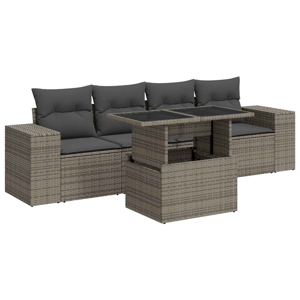 Set Divano da Giardino 5 pz con Cuscini Grigio in Polyrattan