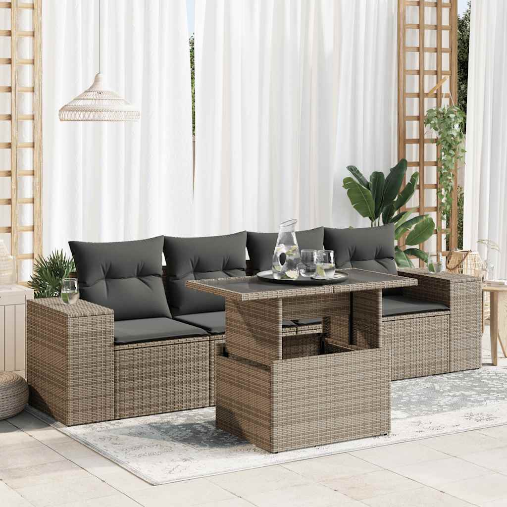 Set Divano da Giardino 5 pz con Cuscini Grigio in Polyrattan