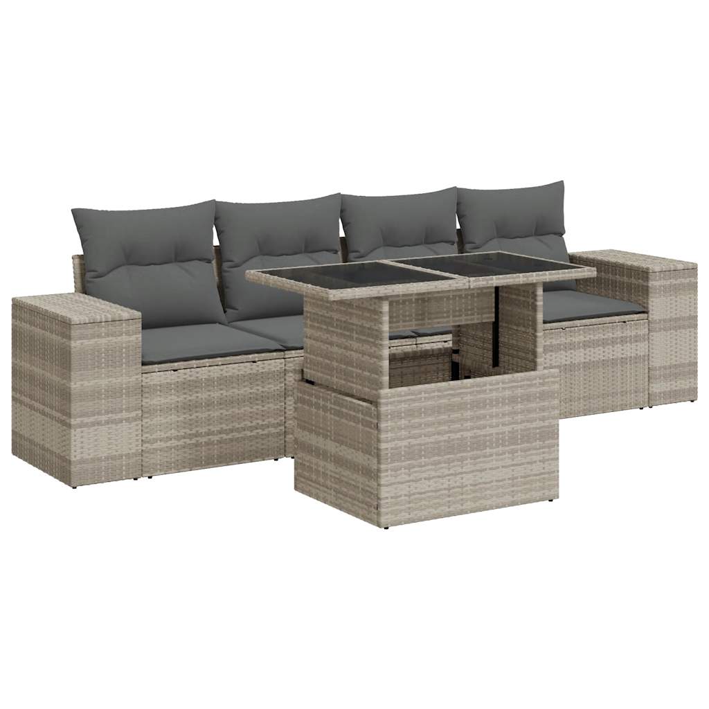 Set Divano da Giardino 5pz con Cuscini Grigio Chiaro Polyrattan