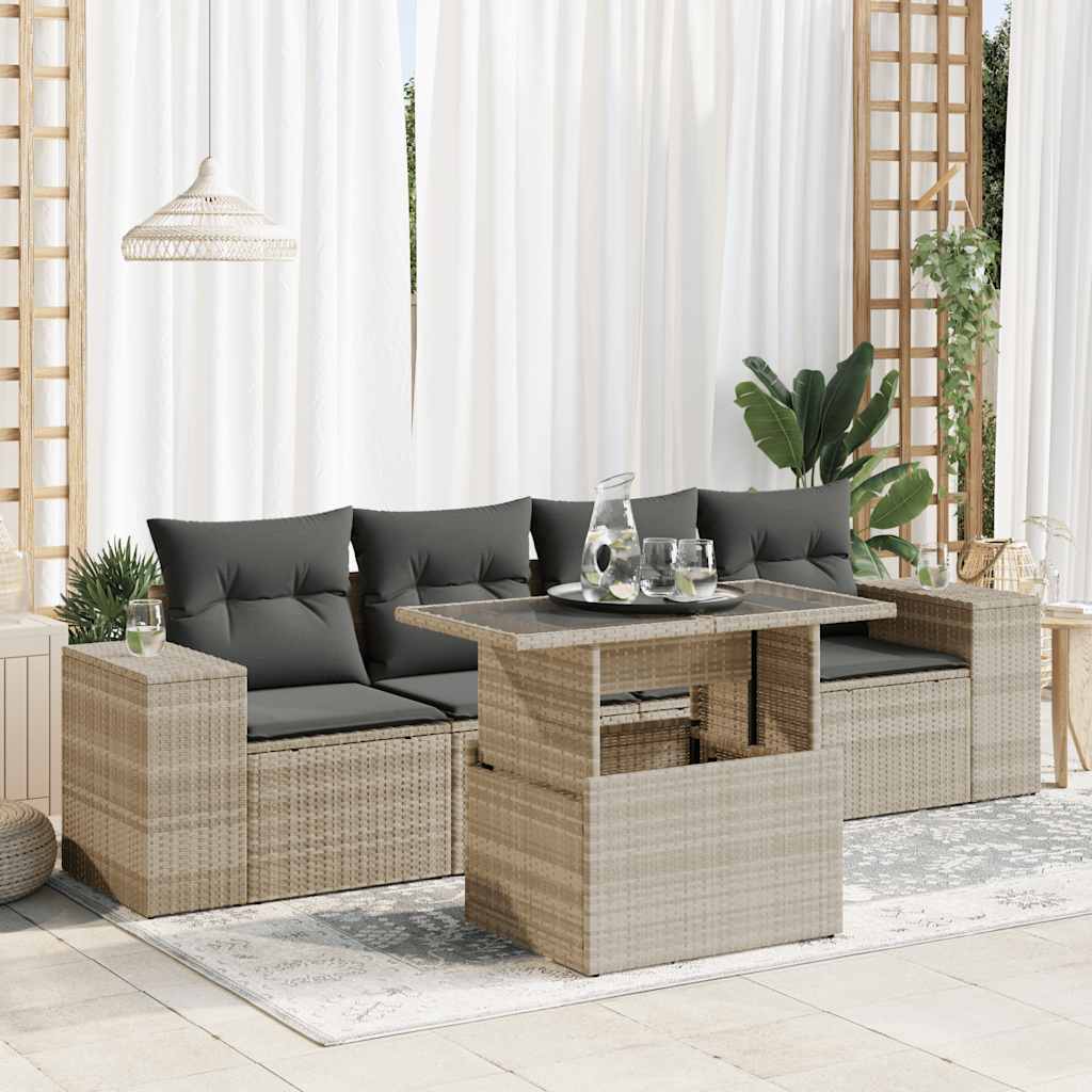 Set Divano da Giardino 5pz con Cuscini Grigio Chiaro Polyrattan