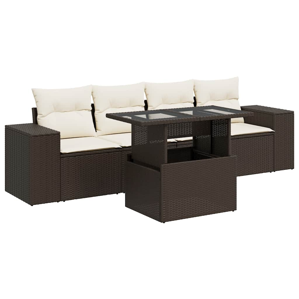 Set Divano da Giardino 5 pz con Cuscini Marrone in Polyrattan