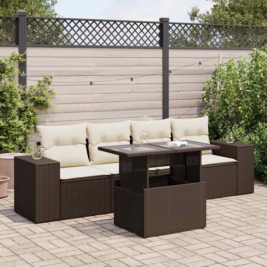 Set Divano da Giardino 5 pz con Cuscini Marrone in Polyrattan