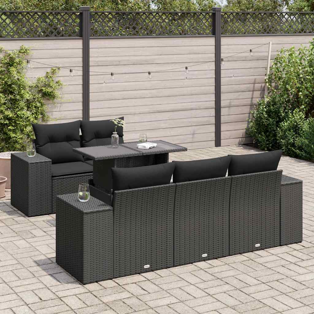 Set Divano da Giardino 6 pz con Cuscini Nero in Polyrattan