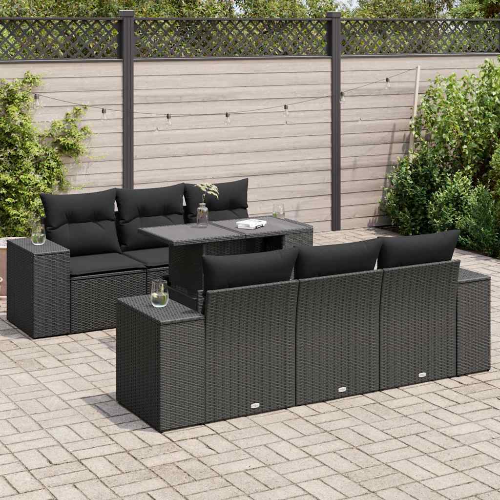 Set Divani da Giardino con Cuscini 7pz Nero Polyrattan