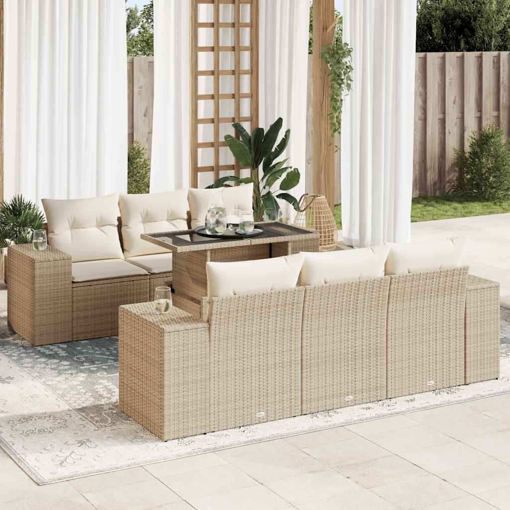 Set Divani da Giardino 7 pz con Cuscini Beige in Polyrattan