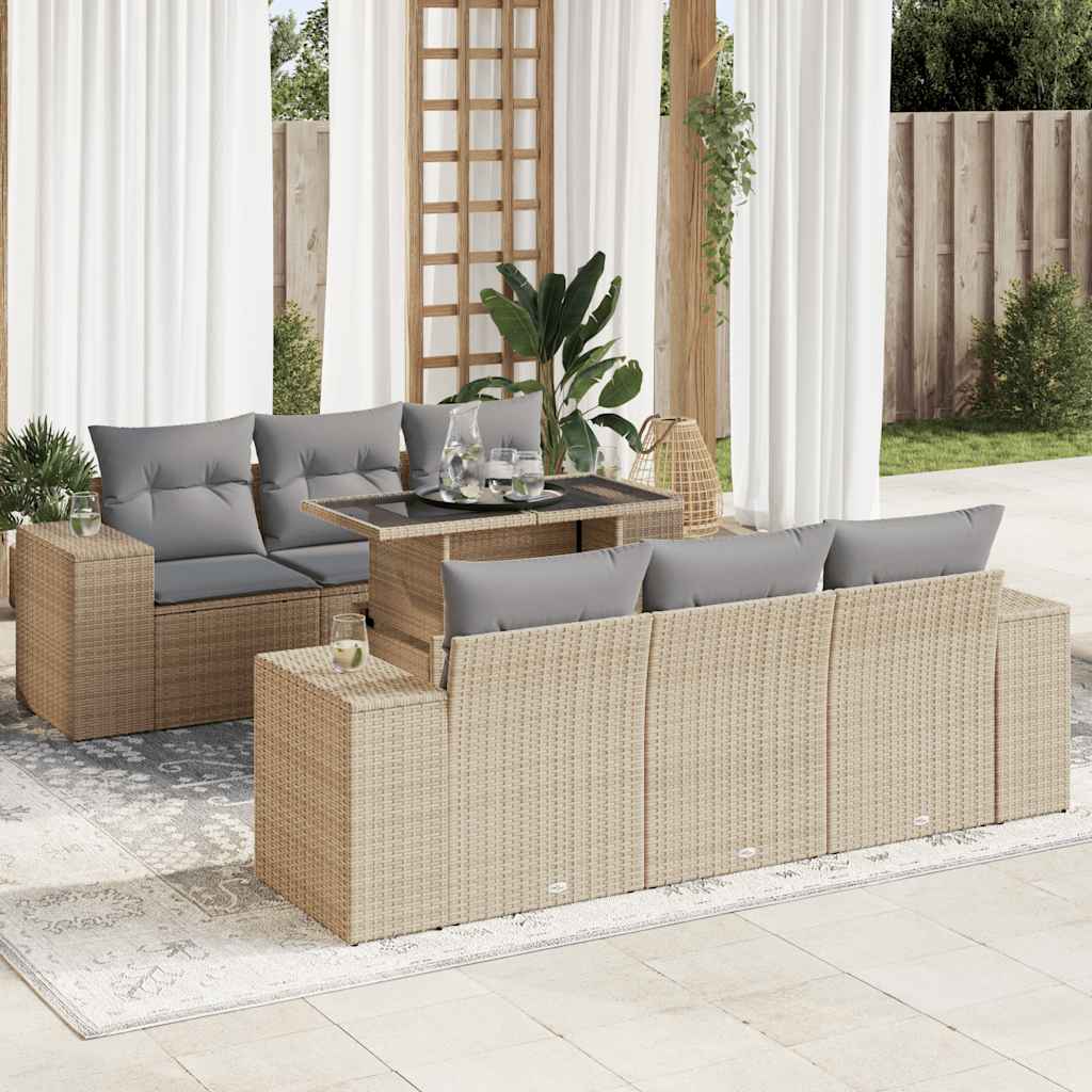 Set Divani da Giardino 7 pz con Cuscini Beige in Polyrattan