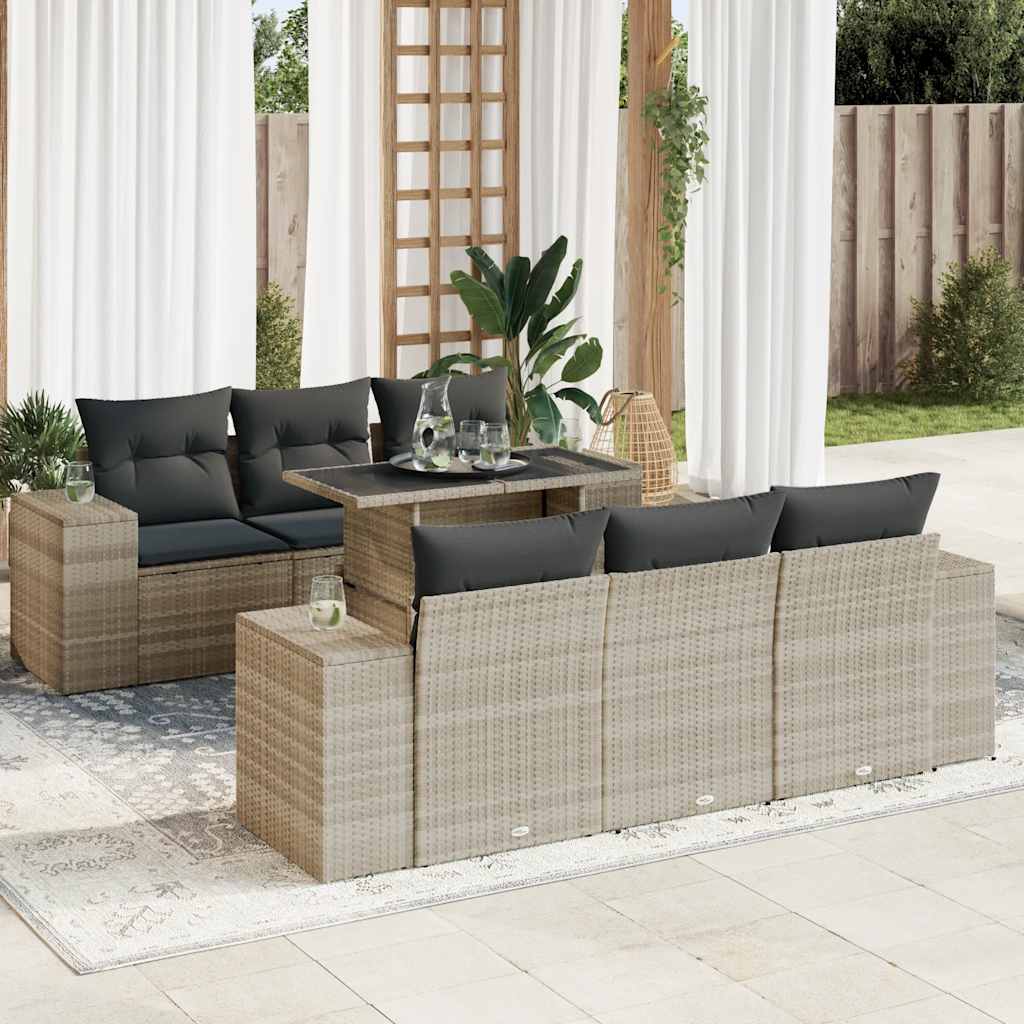 Set Divani da Giardino 7pz con Cuscini Grigio Chiaro Polyrattan