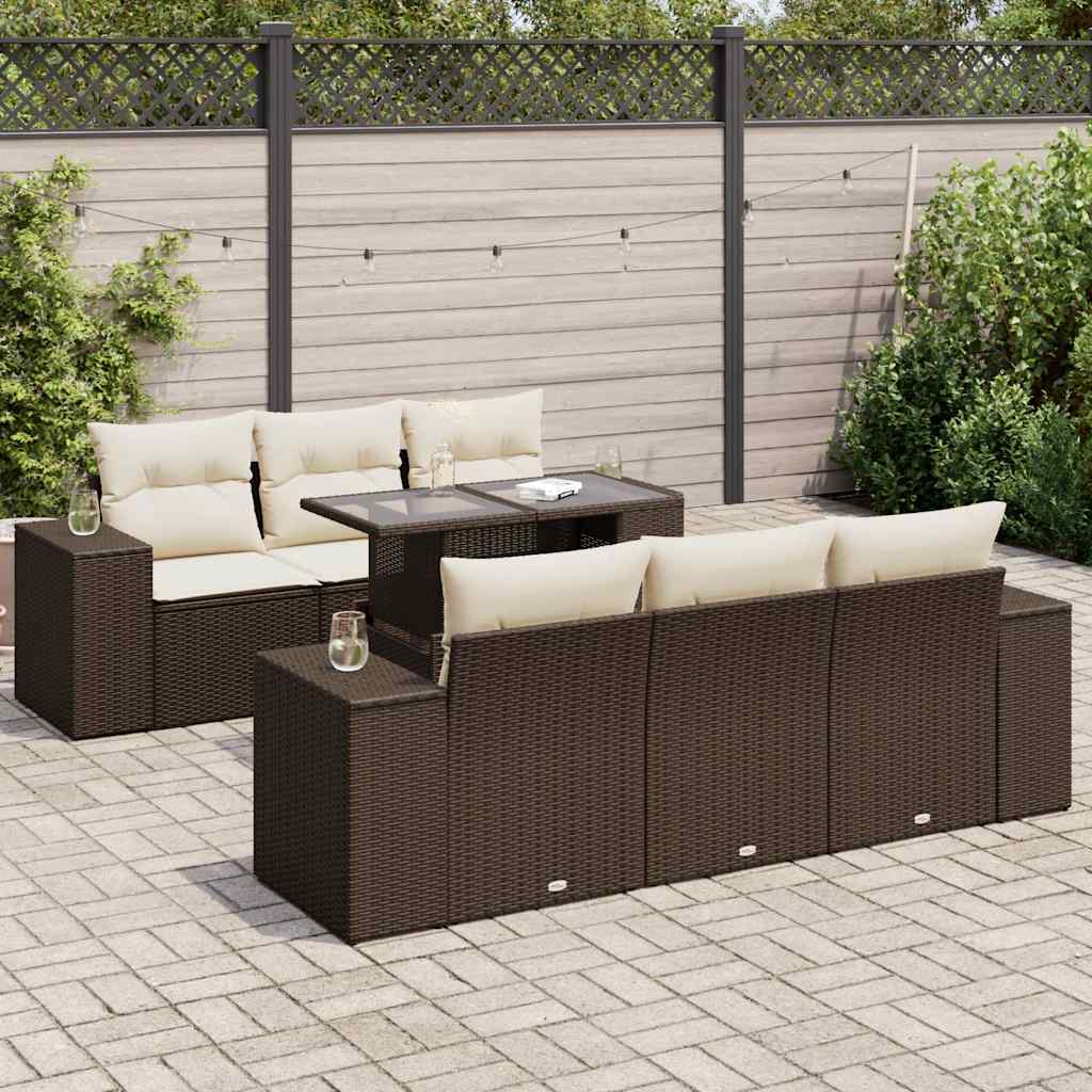 Set Divani da Giardino 7 pz con Cuscini Marrone in Polyrattan