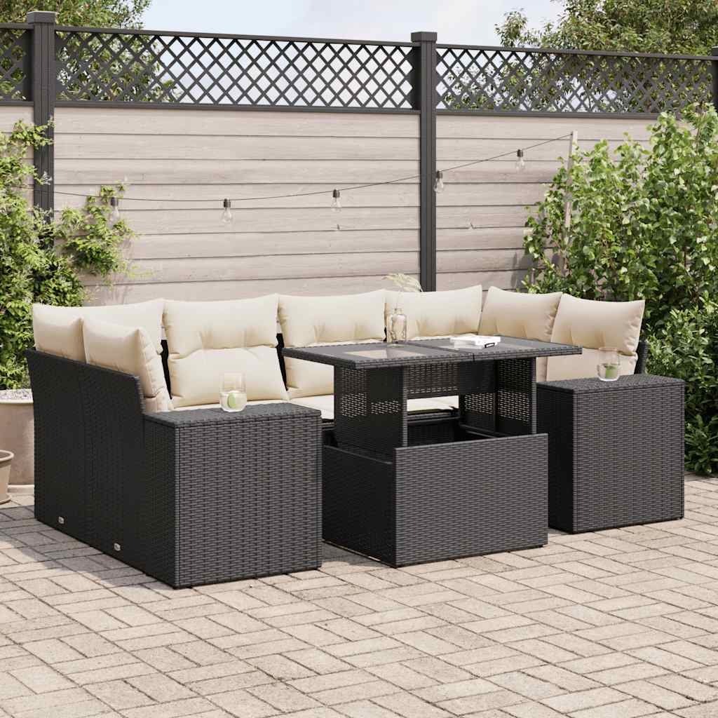 Set Divani da Giardino con Cuscini 7pz Nero Polyrattan